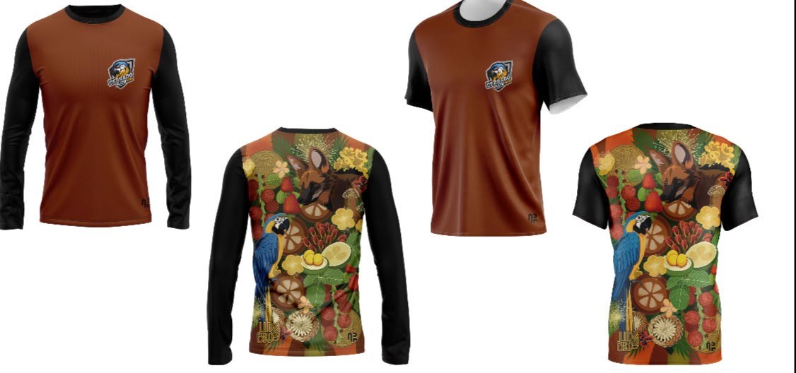 Camisas Cerrado Flow, manga longa e manga curta, estampa Lobo-guará e arara-azul